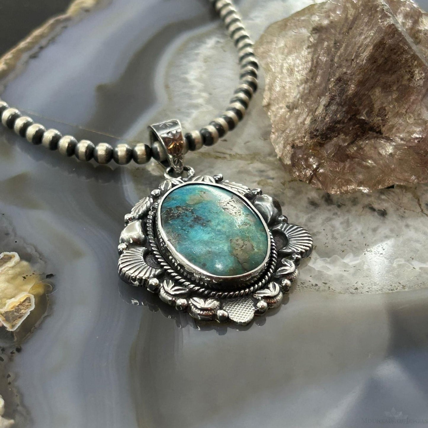 Sterling Silver Southwestern Style Oval Turquoise Decorated Pendant For Women #7