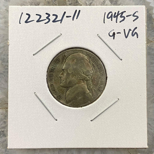 1945-S US Wartime Jefferson (1942-1945) 5 Cent 35% Silver G-VG #122321-11