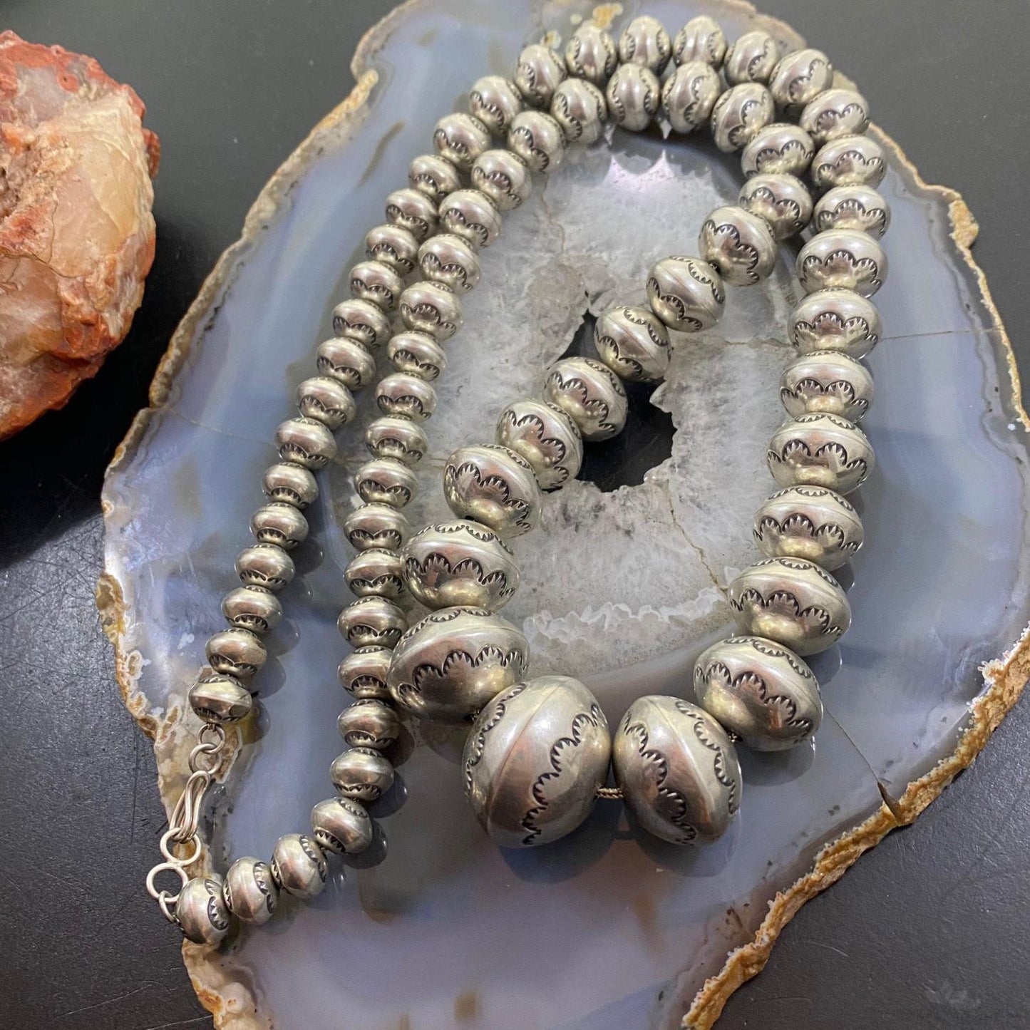 Native American Vintage Graduated Handmade Stamped Navajo Pearl Beads Necklace