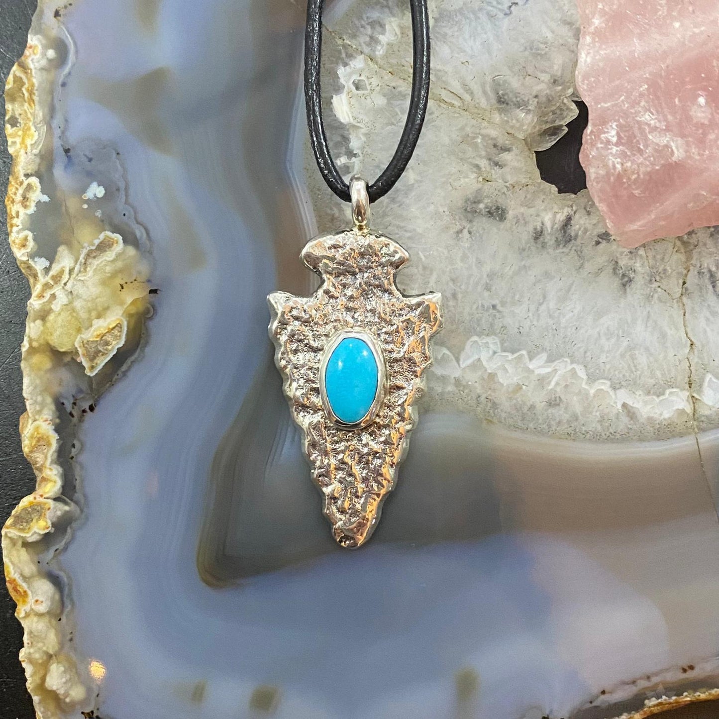 Gary Custer Navajo Sterling Silver Tufa Cast Turquoise Arrowhead Uni Pendant #3