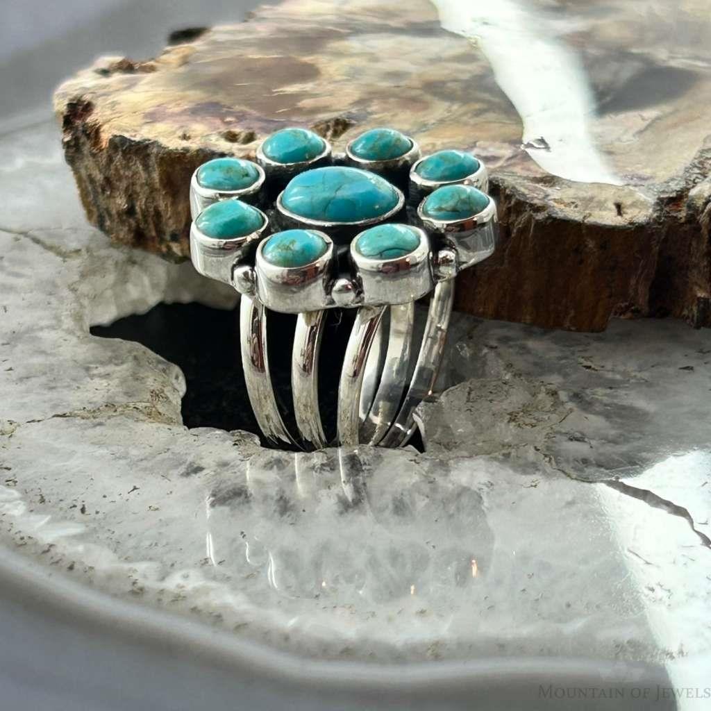 Sterling Silver Southwestern Style Mohave Turquoise Cluster Ring Size 7.5 For Women