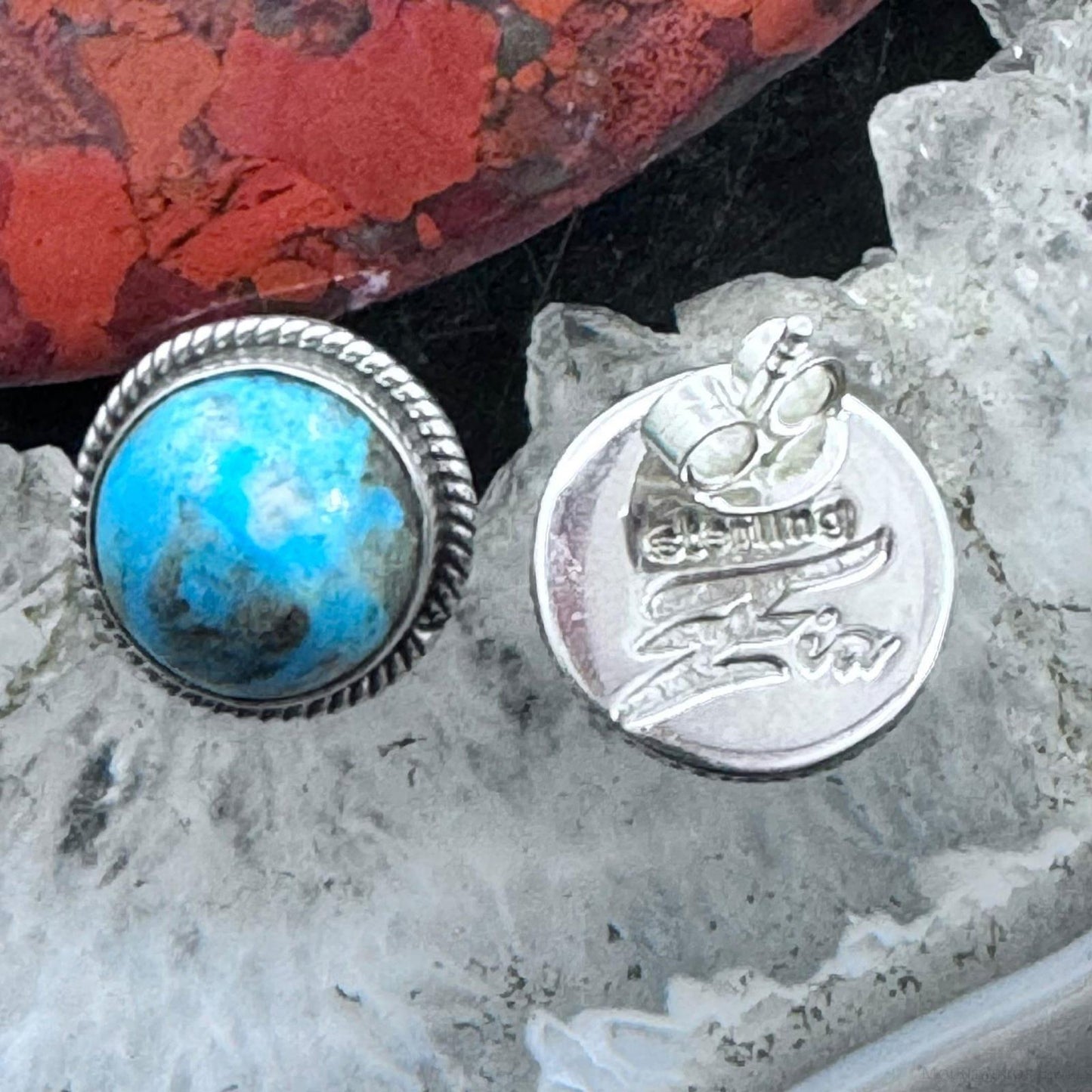 Native American Sterling Silver Rounded Turquoise Stud Earrings For Women