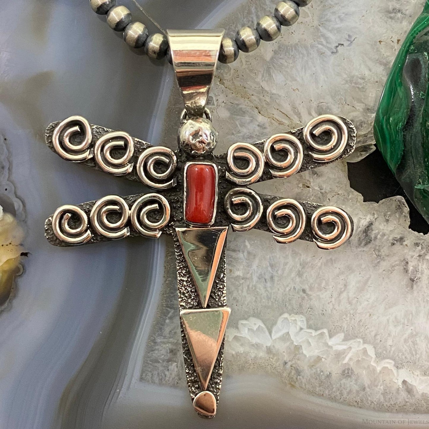 Alex Sanchez Sterling Silver Petroglyph & Coral Dragonfly Unisex Pendant #2