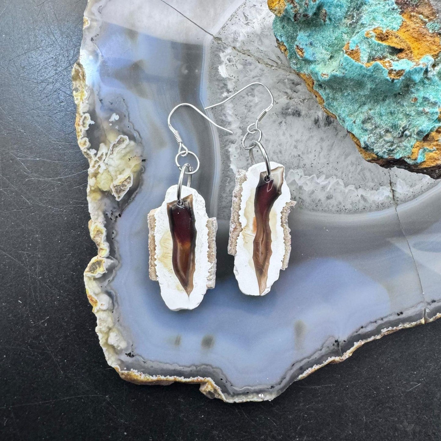 Sterling Silver Agate Slab Dangle Earrings For Women #350