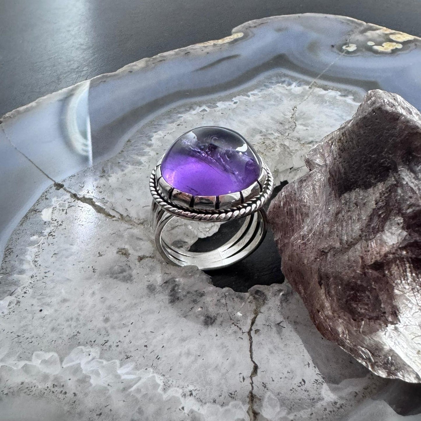 Sterling Silver Southwestern Style Round Amethyst Decorated Ring Size 8.75 For Women