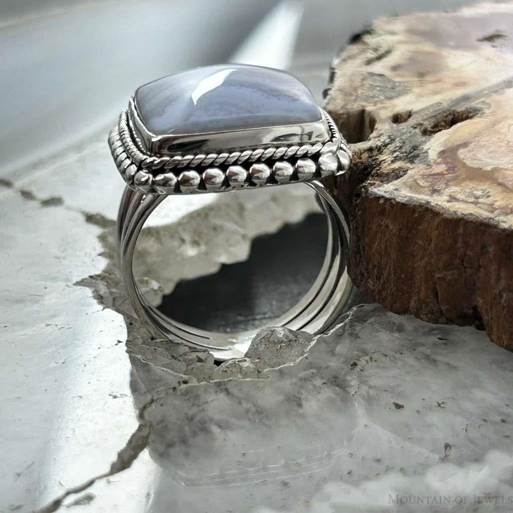 Sterling Silver Southwestern Style Square Blue Lace Agate Ring Size 7.5 For Women