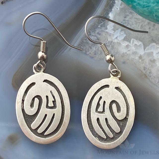 Native American Silver Oval Hand Symbol Dangle Earrings For Women