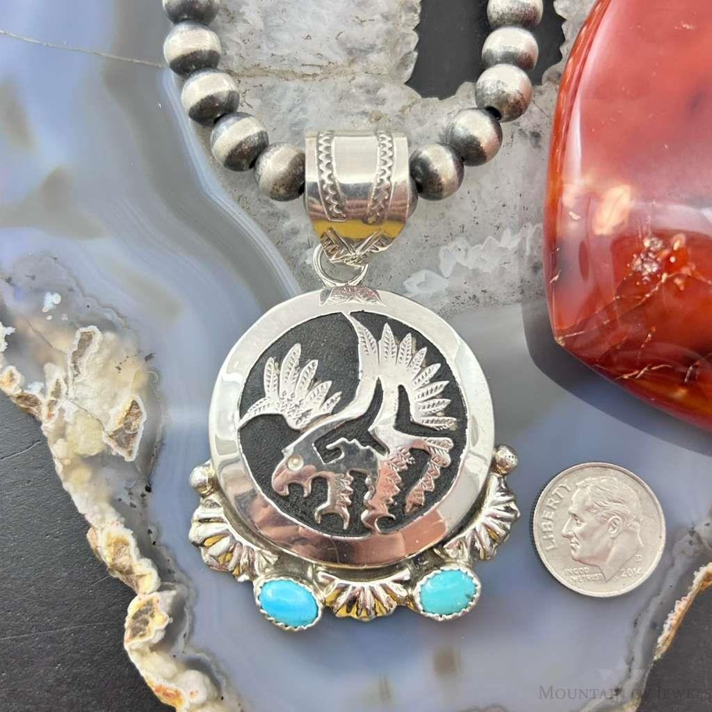 Alonzo Mariano Native American Sterling Silver Overlay Eagle & Turquoise Unisex Pendant
