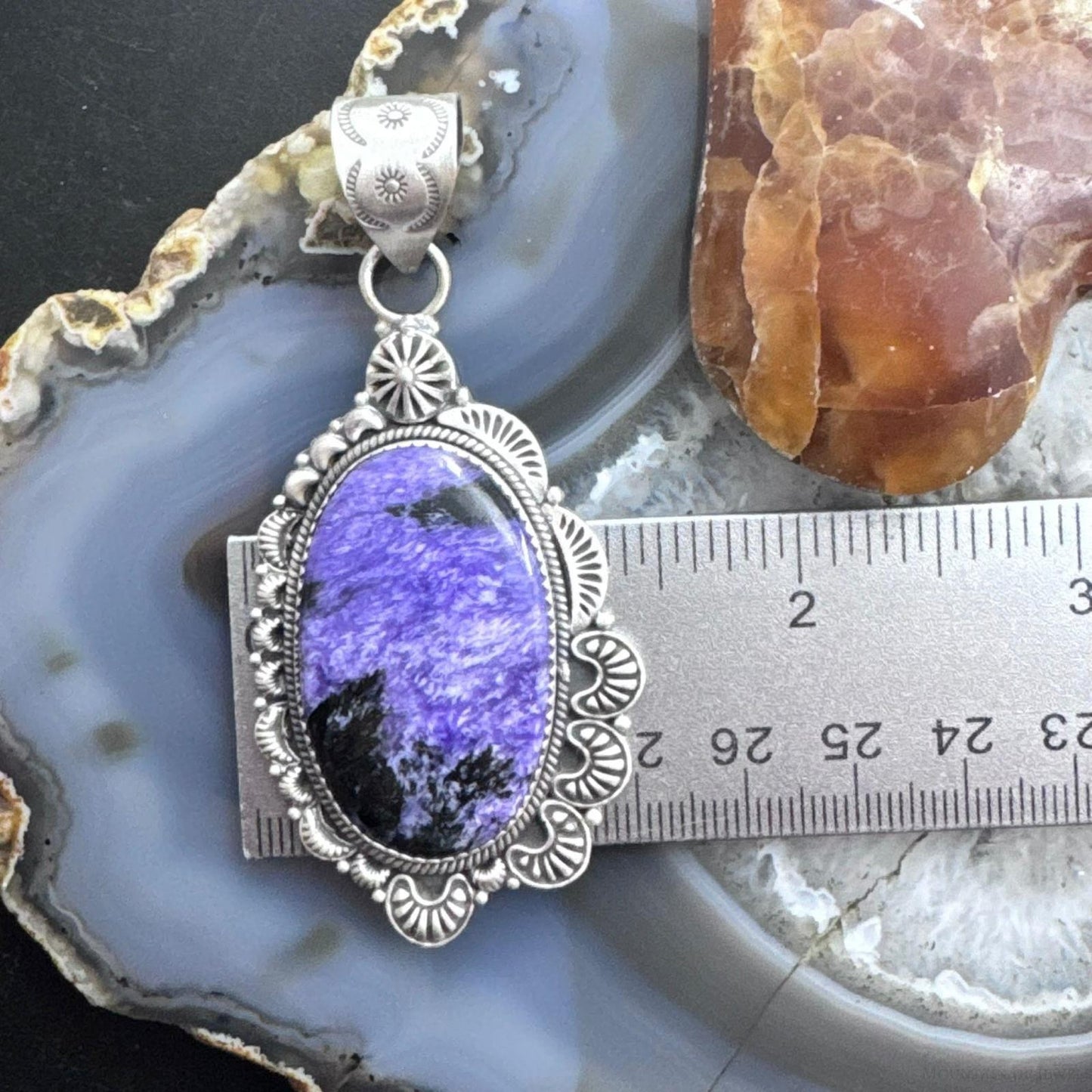 Sterling Silver Southwestern Style Large Oval Charoite Decorated Pendant For Women