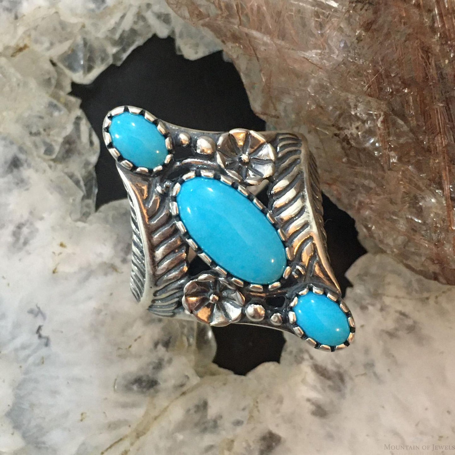 Carolyn Pollack Sterling Silver 3 Sleeping Beauty Turquoise Decorated Ring For Women