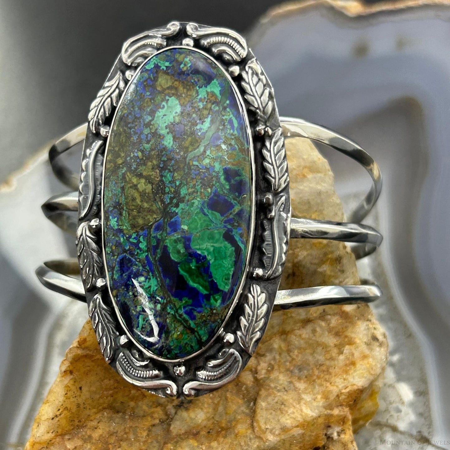 Sterling Silver Southwestern Style Large Oval Azurite Malachite Bracelet For Women