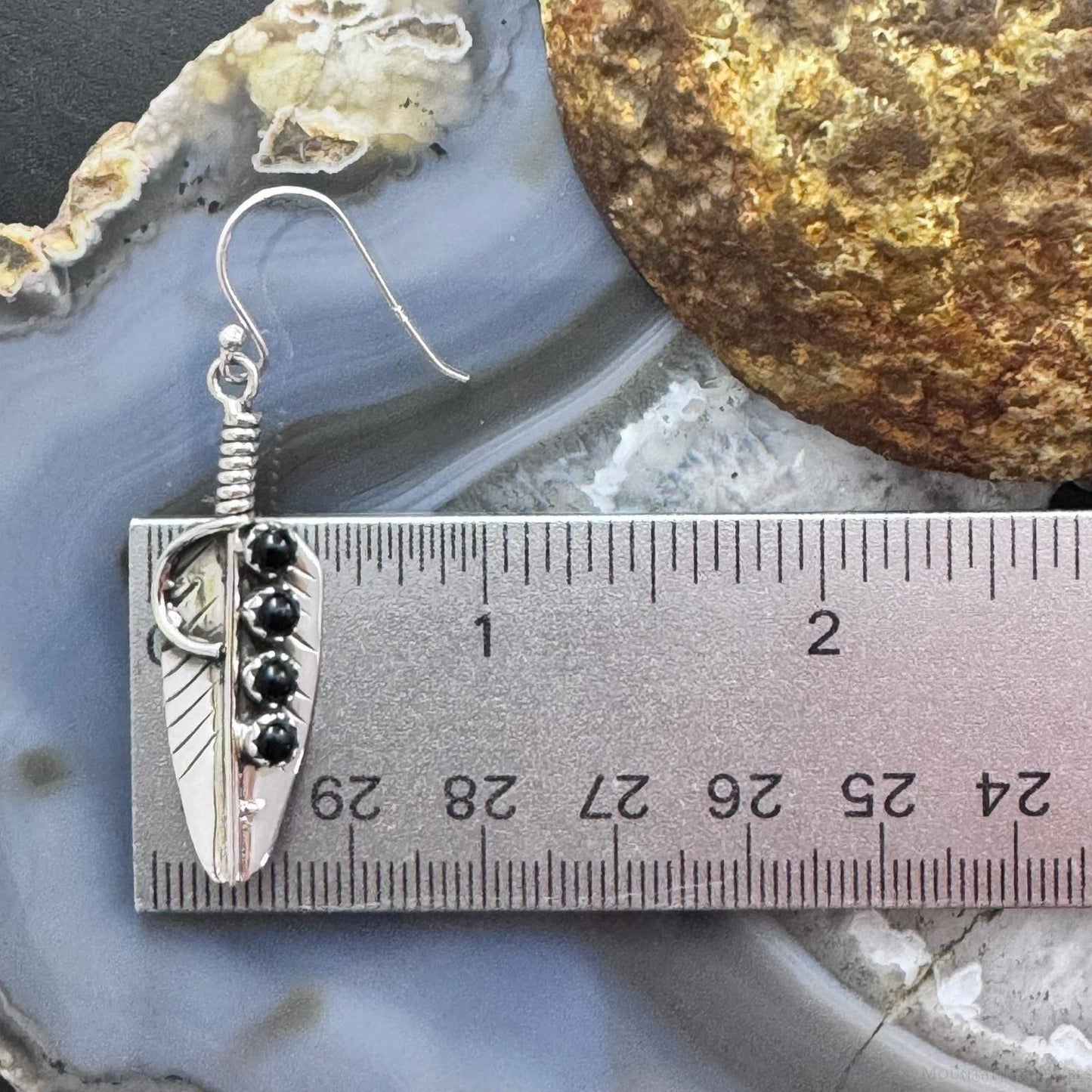 Sterling Silver Southwestern Style 4 Onyx Dots Feather Dangle Earrings For Women