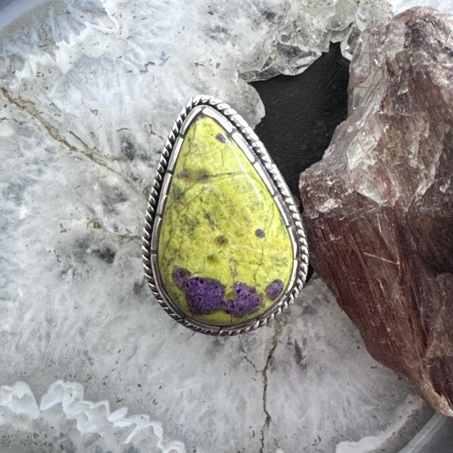 Sterling Silver Southwestern Style Teardrop Atlantisite Decorated Ring Size 9 For Women