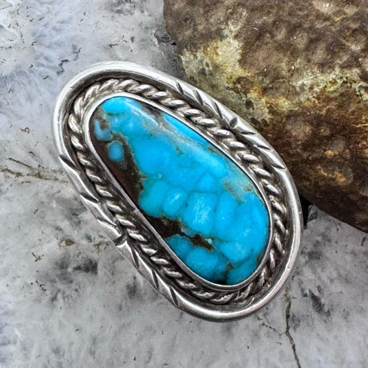 Vintage Silver Native American Oval Turquoise Decorated Ring Size 7 For Women