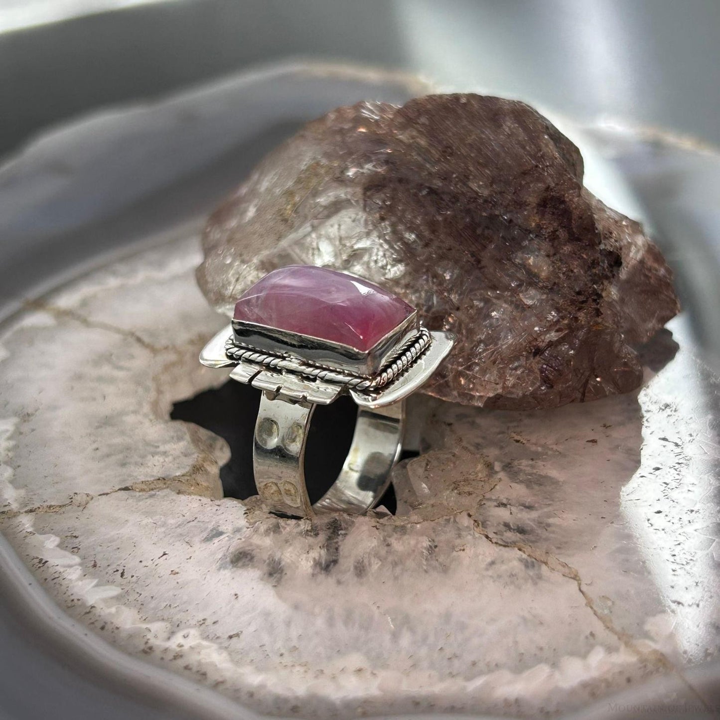 Sterling Silver Southwestern Style Pink Rainbow Decorated Bar Ring Size 7.75 For Women