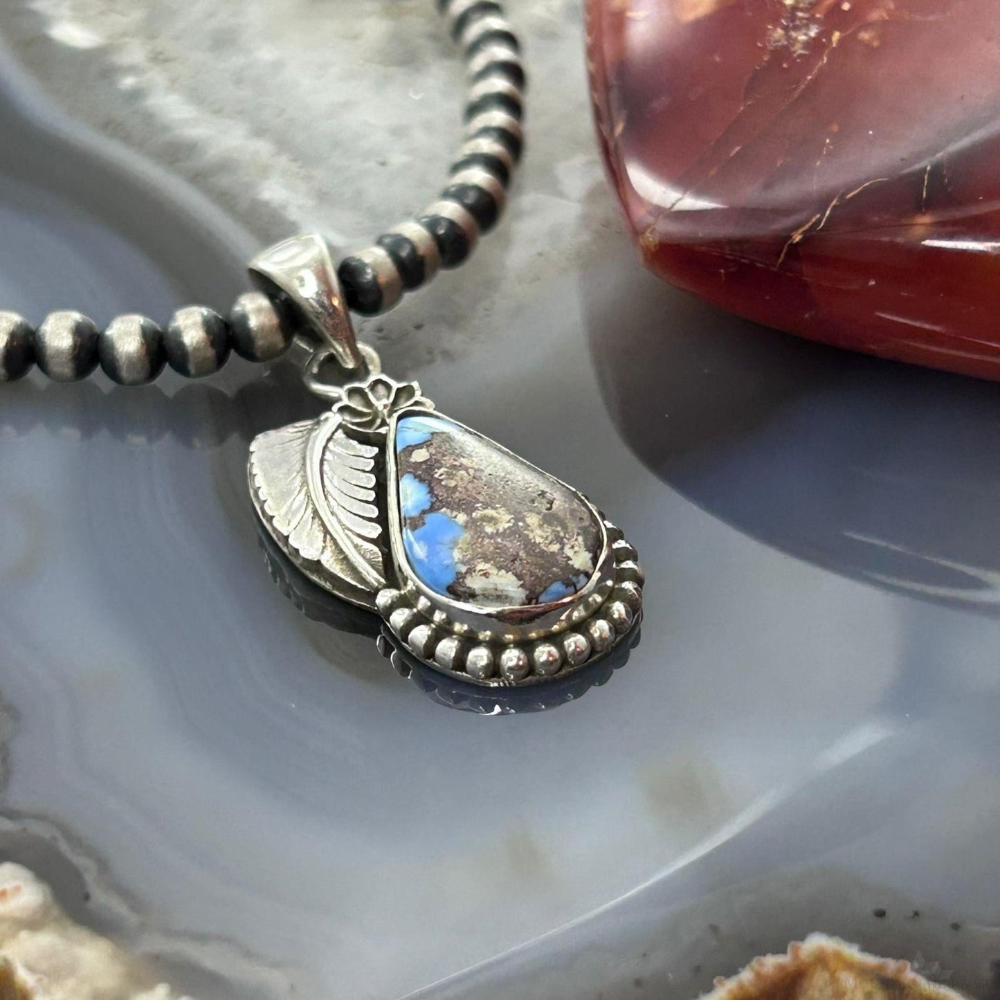 Sterling Silver Southwestern Style Teardrop Golden Hill Turquoise Leaves Pendant For Women