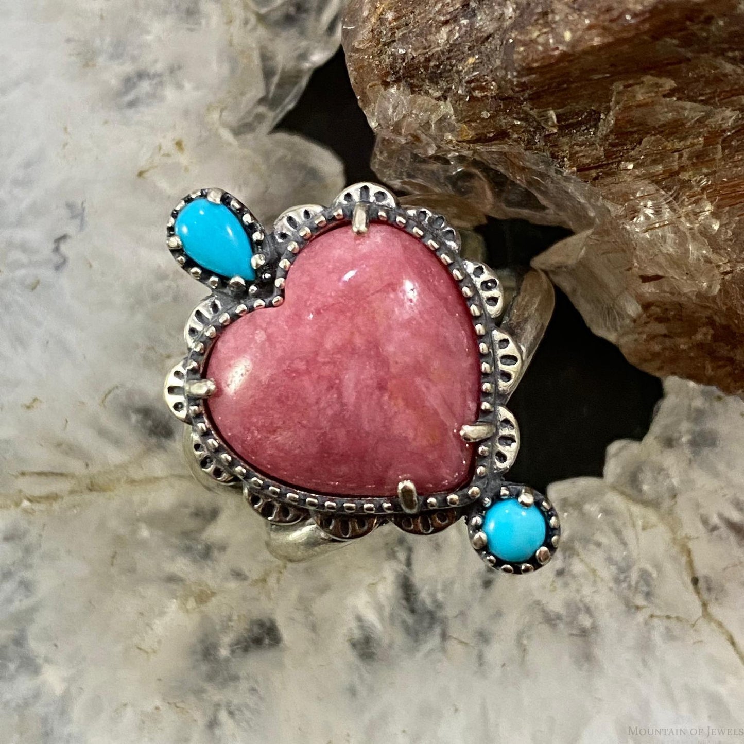 Carolyn Pollack Southwestern Style Sterling Silver Rhodonite & Turquoise Decorated Heart Ring Size 7.5 & 9 For Women