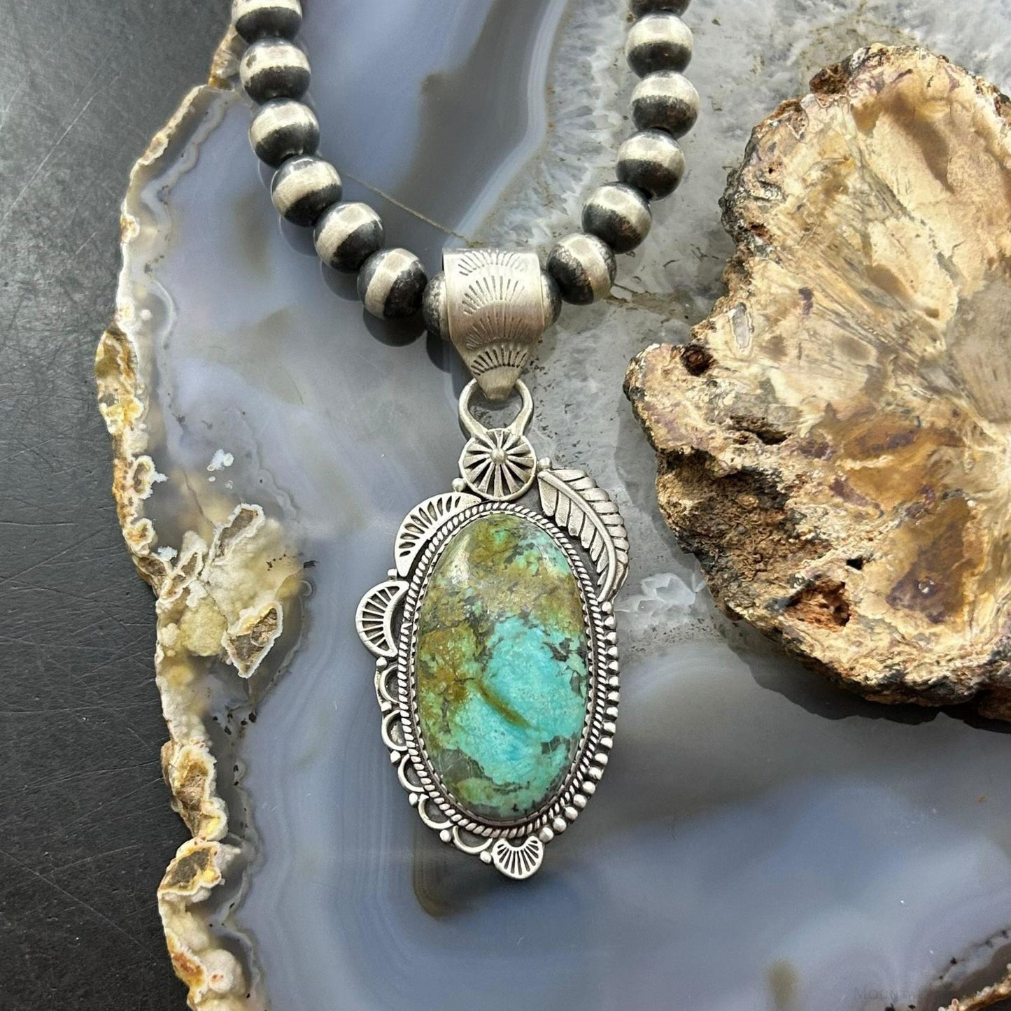 Sterling Silver Southwestern Style Oval Turquoise Decorated Pendant For Woman