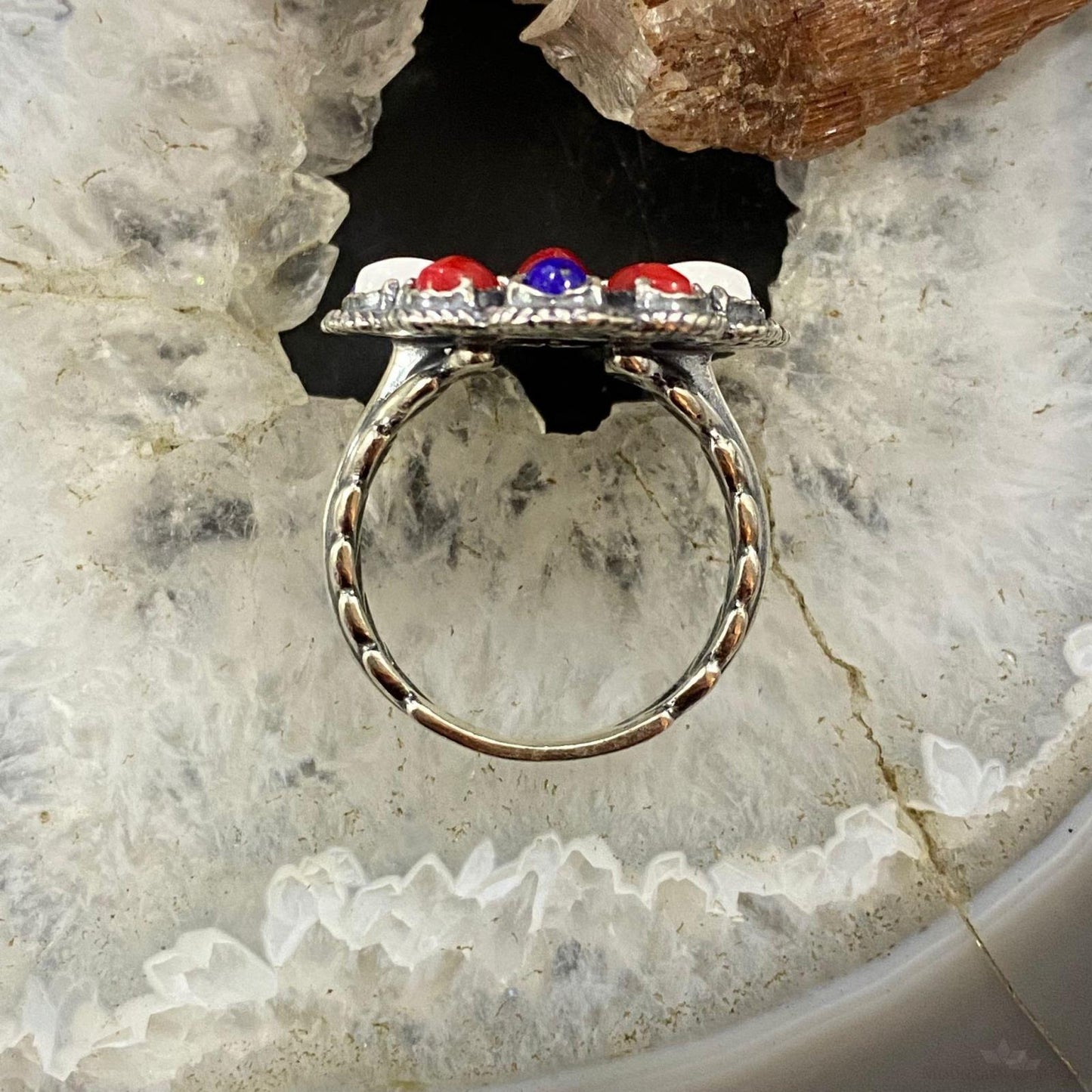 Carolyn Pollack Southwestern Style Sterling Silver Red Coral, White Agate, Lapis Cluster Ring For Women