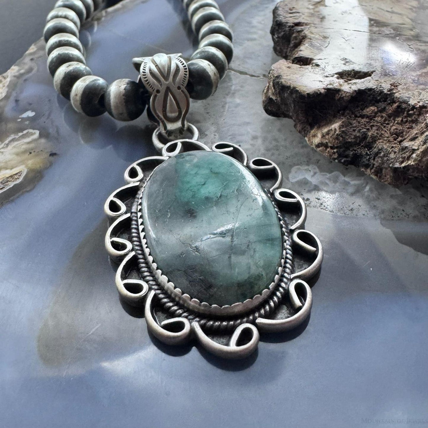 Sterling Silver Southwestern Style Oval Emerald Decorated Pendant For Women