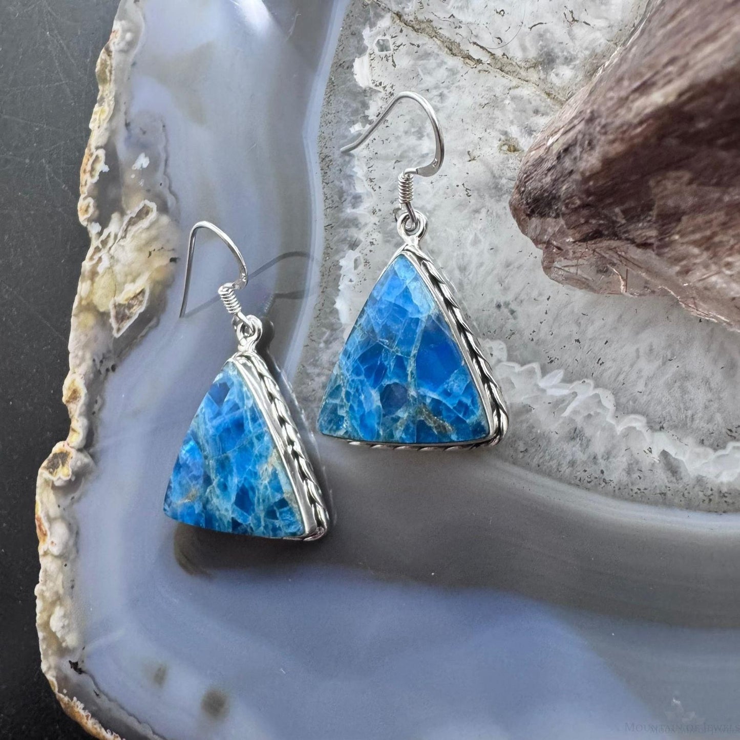 Sterling Silver Southwestern Style Triangle Blue Apatite Dangle Earrings For Women