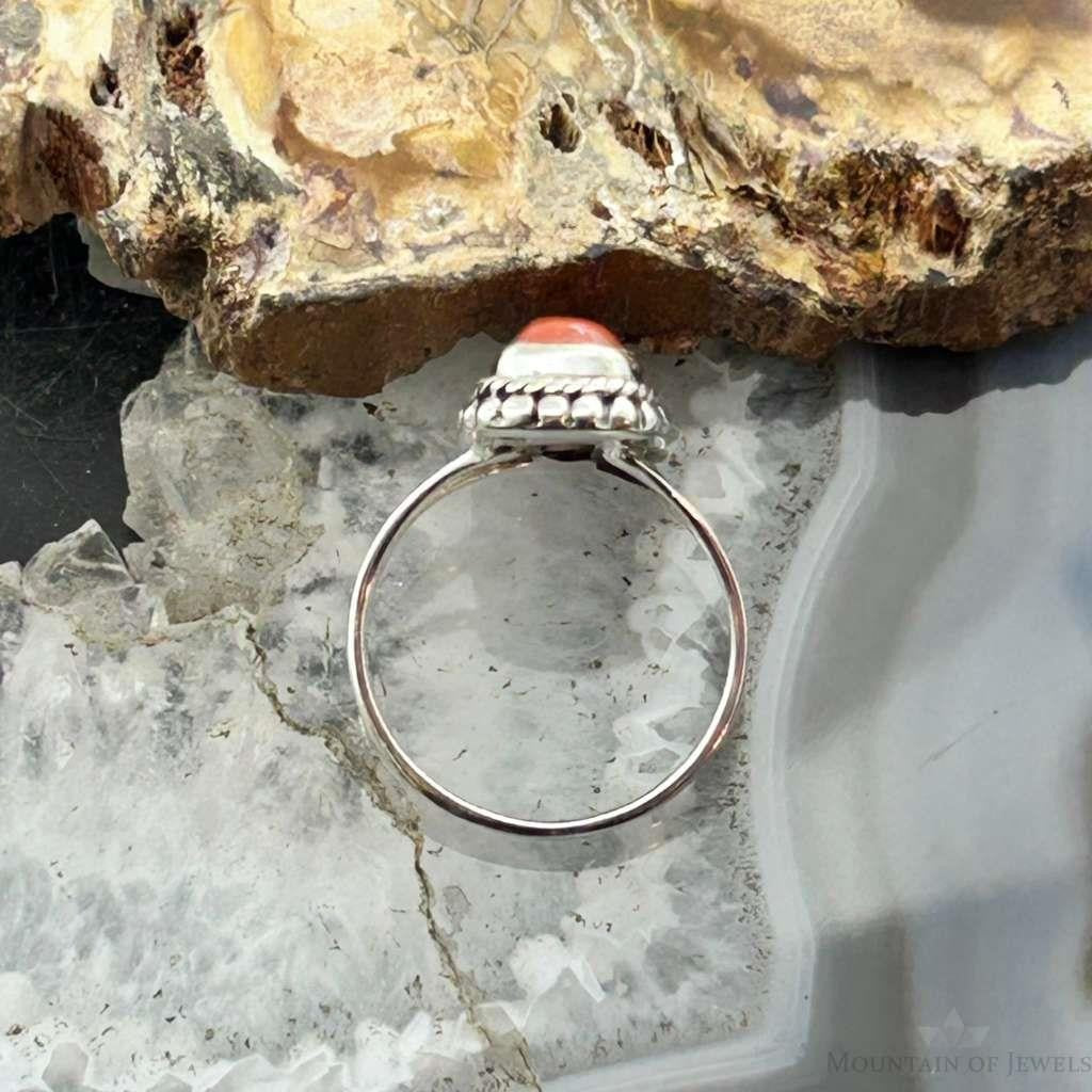 Sterling Silver Southwestern Style Coral Decorated Ring Size 7.5 For Women