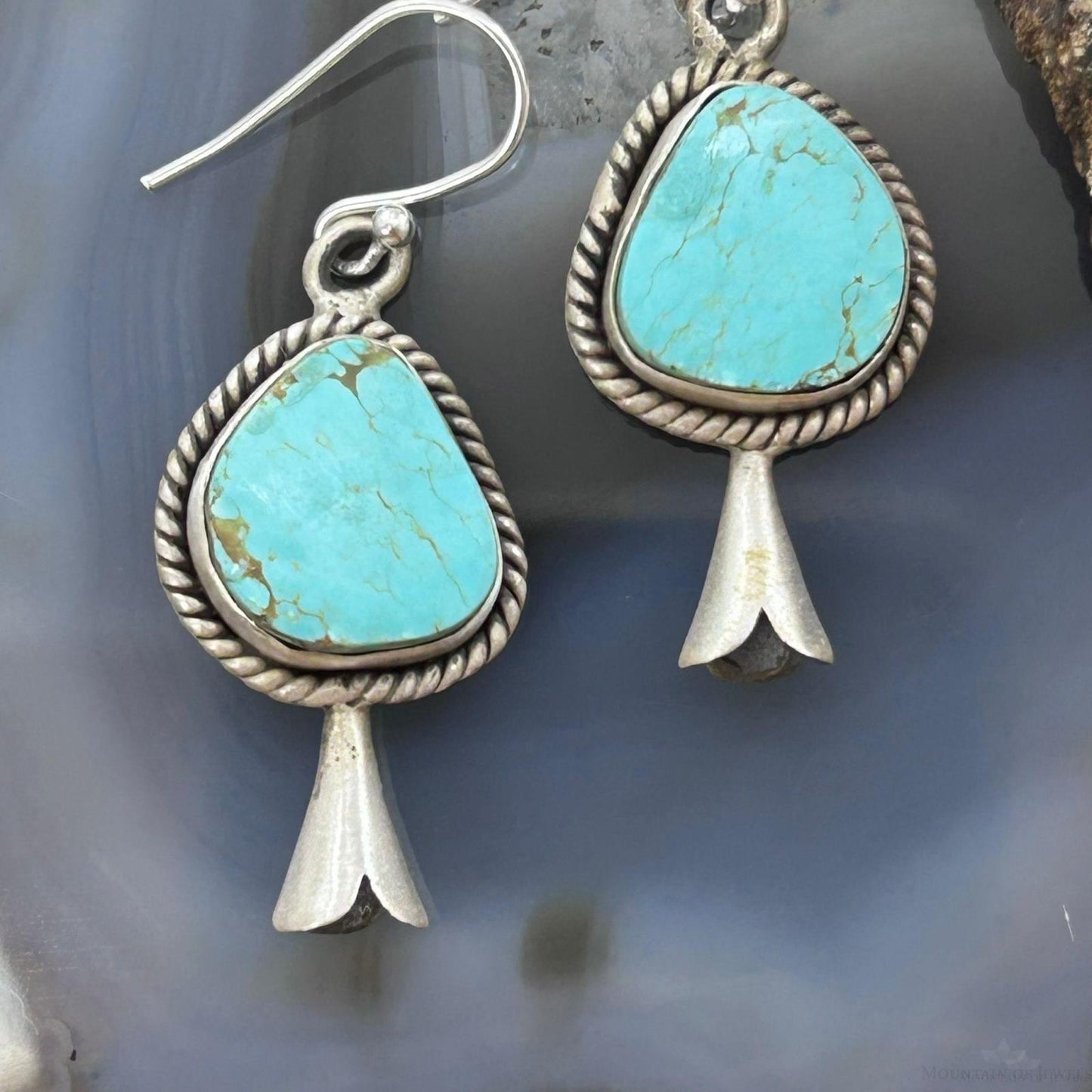 Sterling Silver Southwestern Style Turquoise Squash Blossom Dangle Earrings For Women #4