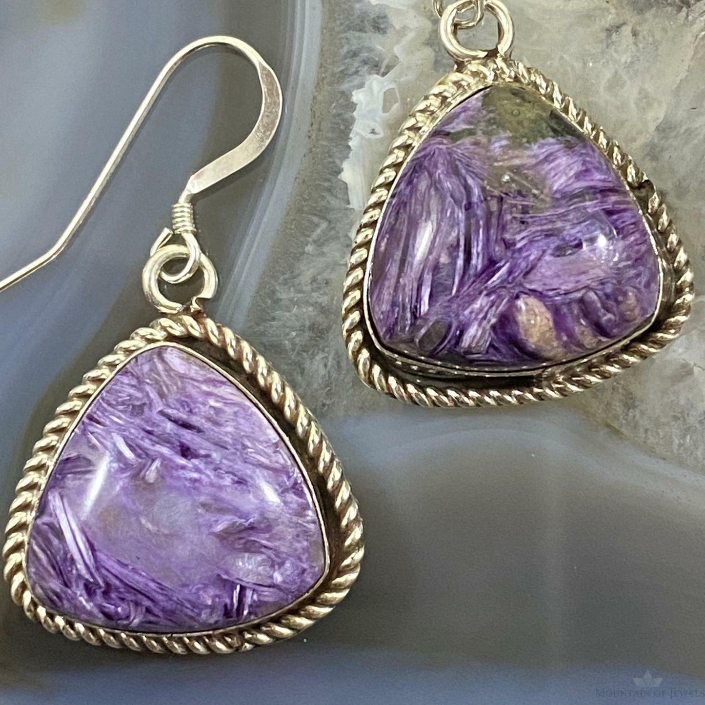 Native American Sterling Silver Triangle Charoite Dangle Earrings For Women