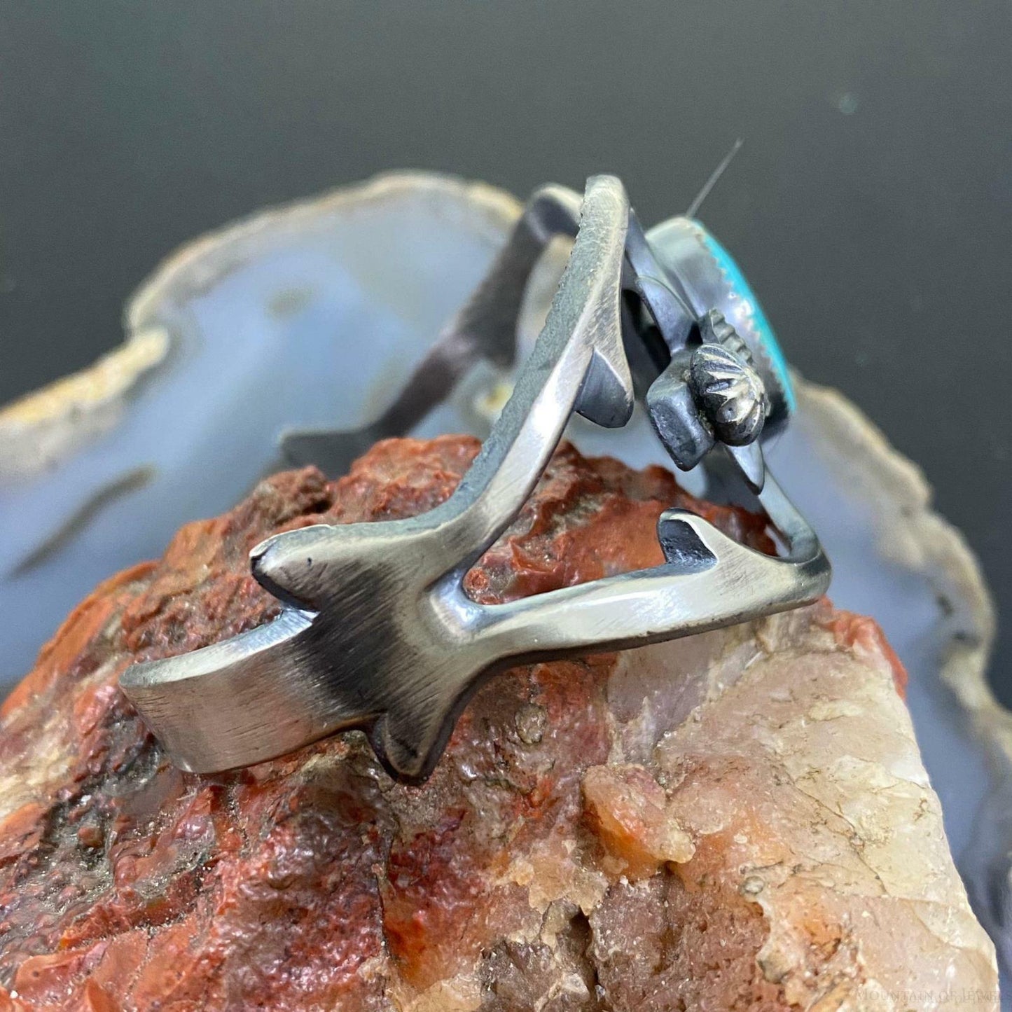 Native American Sterling Silver Turquoise Sand Cast Bracelet For Women