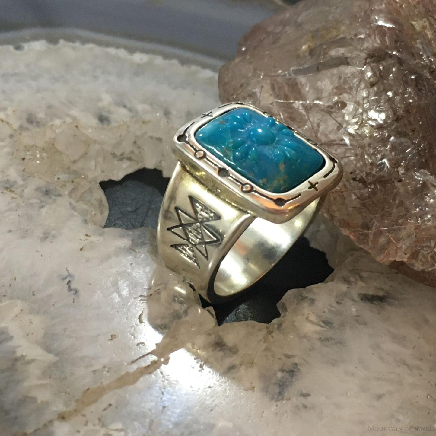 Carolyn Pollack Sterling Silver Rectangle Carved Turquoise Decorated Ring For Women
