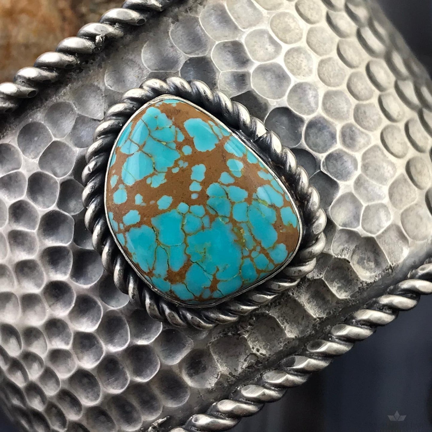 Tawney Cruz-Willie Sterling Silver Hammered Texture Turquoise Heavy Bracelet