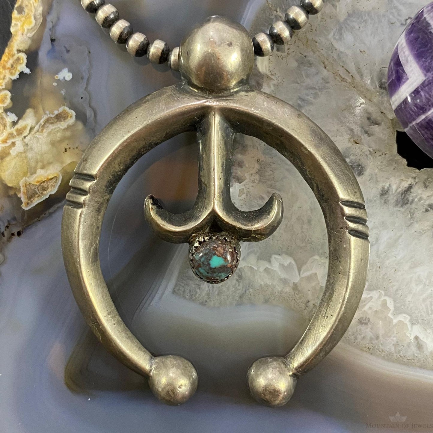 Vintage Signed Native American Sterling & Turquoise Sandcast Unisex Naja Pendant