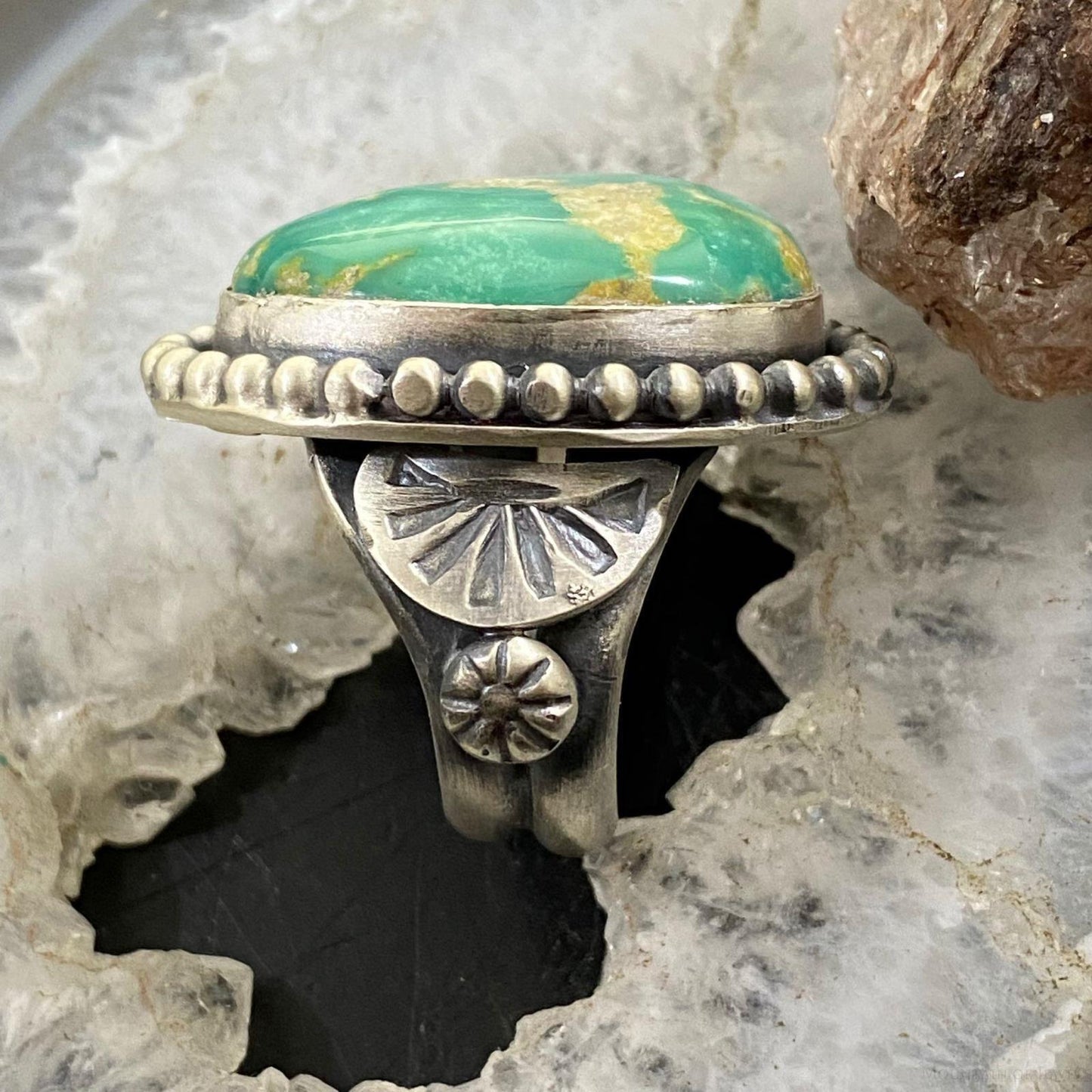Native American Sterling Silver Turquoise Decorated Ring Size 8 For Women
