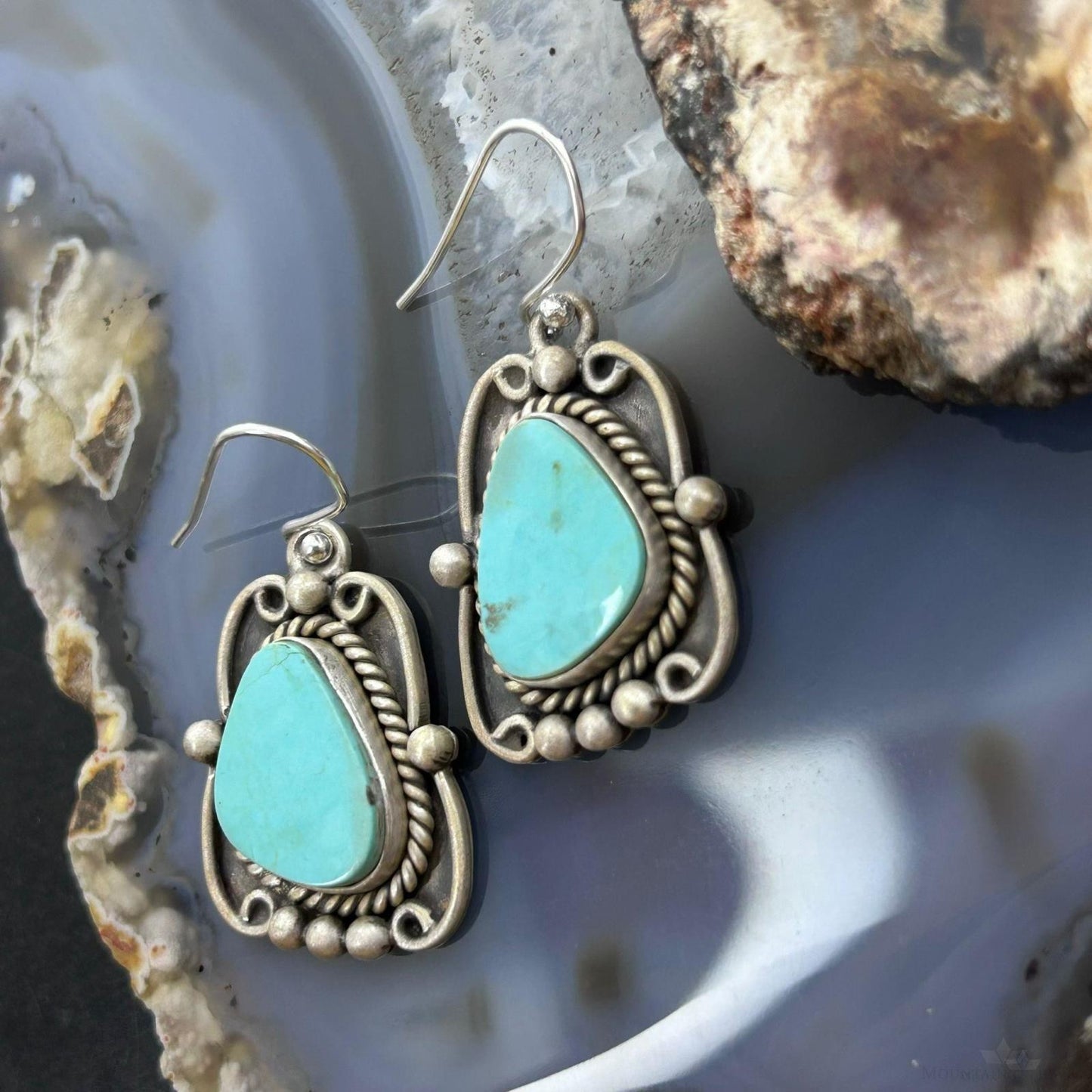 Sterling Silver Southwestern Style Turquoise Decorated Dangle Earrings For Women #1
