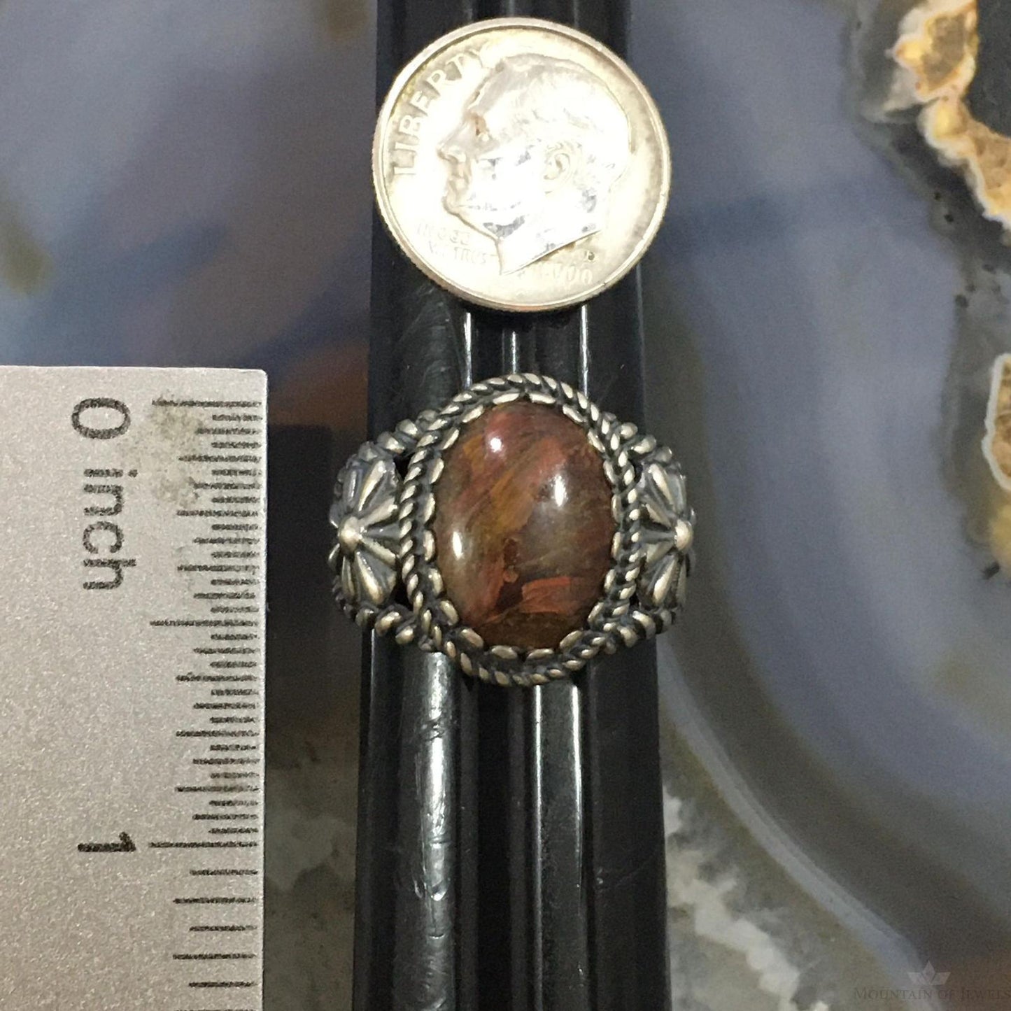 Carolyn Pollack Vintage Southwestern Style Sterling Oval Brown Agate Decorated Ring For Women