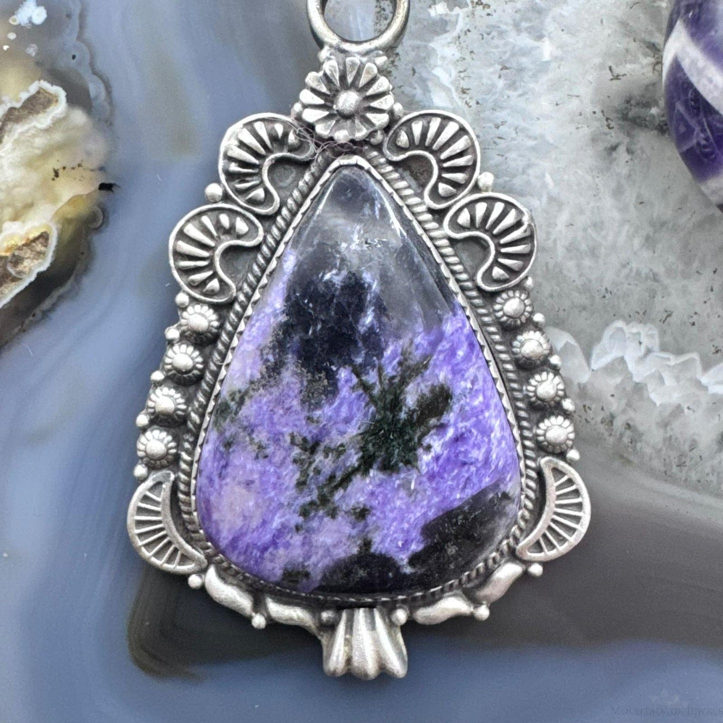 Sterling Silver Southwestern Style Elongated Teardrop Purple Charoite Pendant For Women