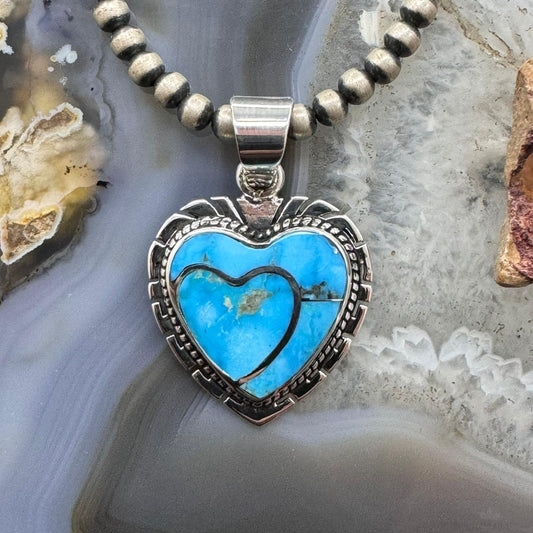 Native American Sterling  Silver Blue Ridge Turquoise Double Heart Pendant For Women #1
