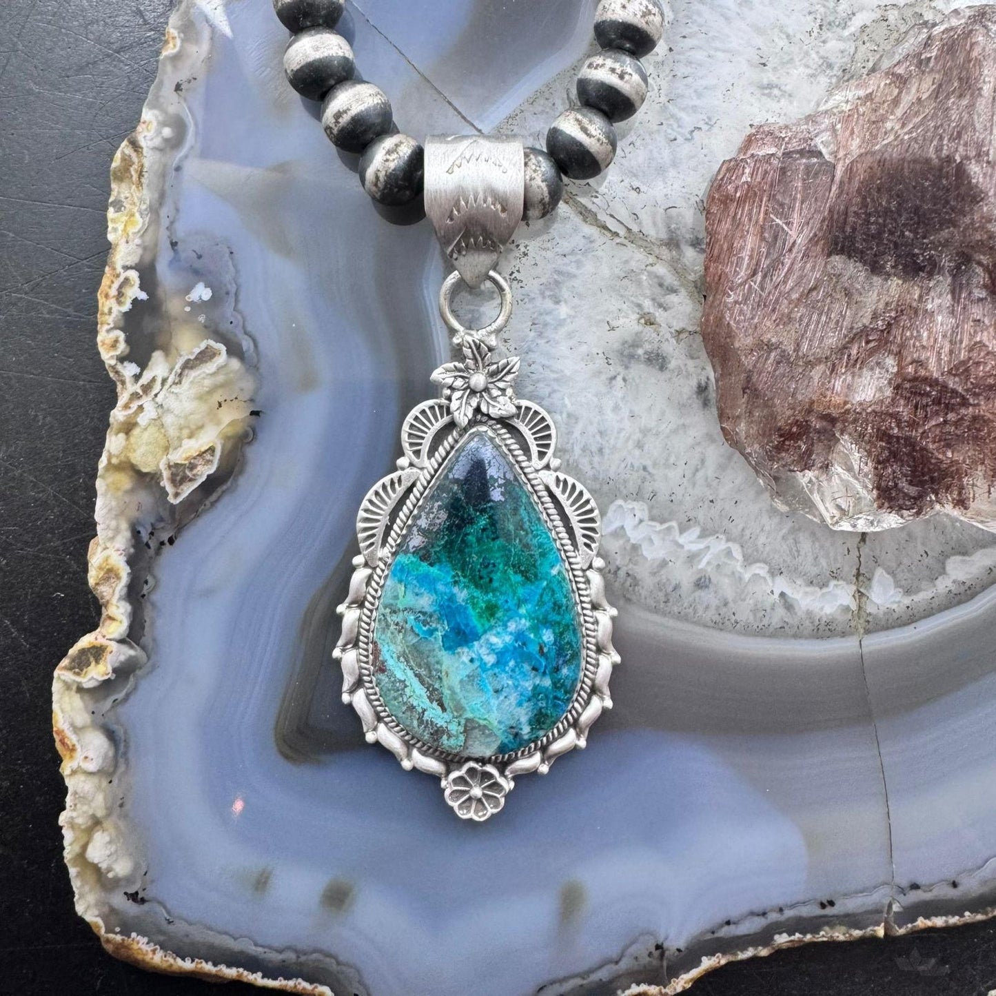 Sterling Silver Southwestern Style Elongated Teardrop Shattuckite Decorated Pendant For Women