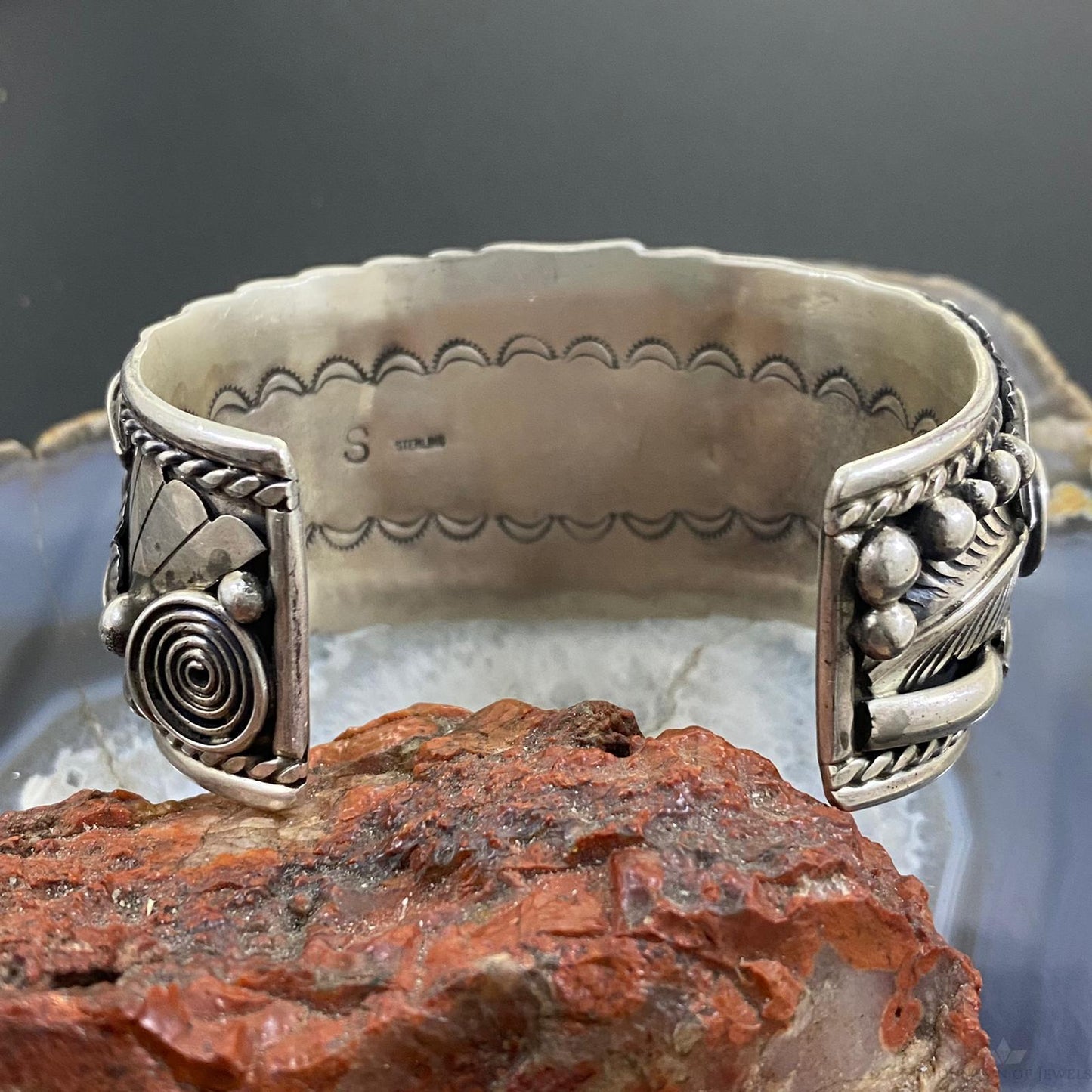 Native American Sterling Silver Turquoise & Coral Leaf Decorated Bracelet For Men