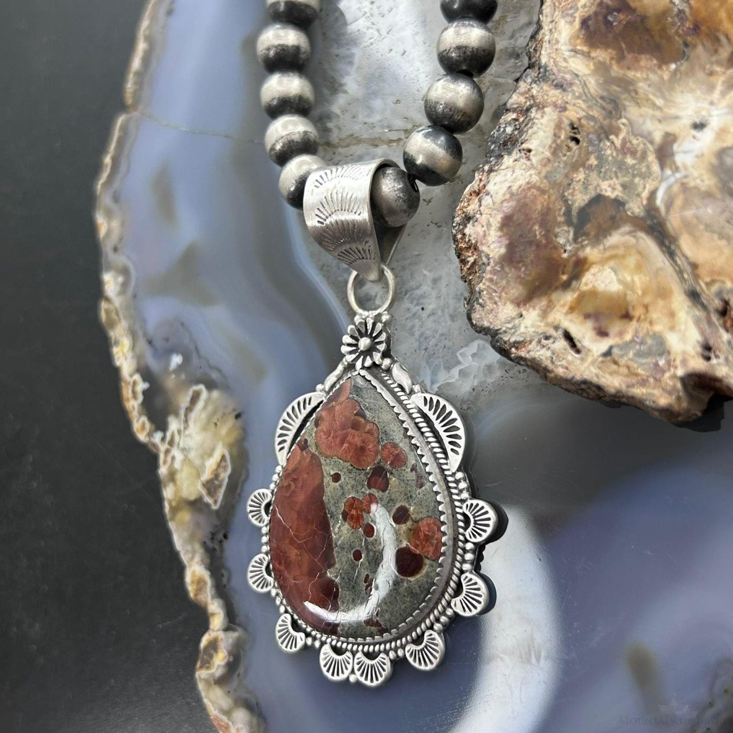 Sterling Silver Southwestern Style Wide Teardrop Peanut Obsidian Pendant For Women