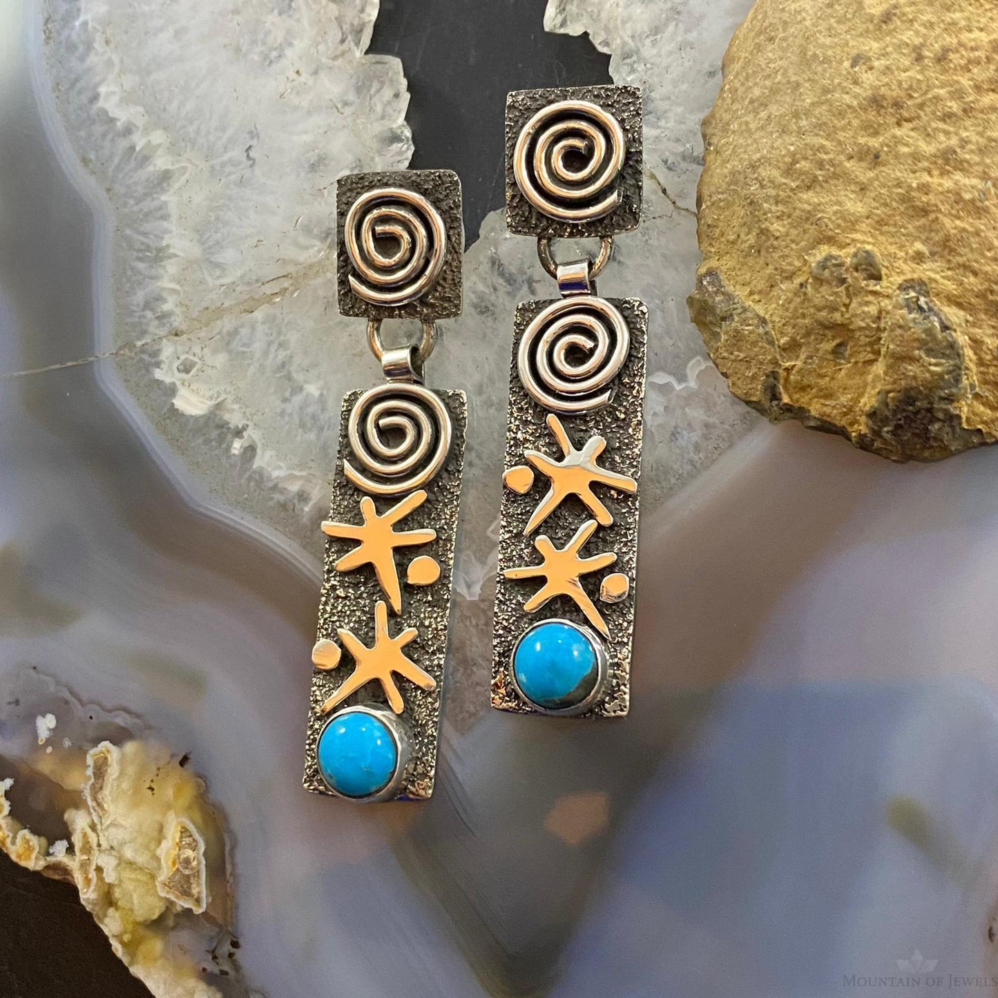 Alex Sanchez Native American Sterling Silver Turquoise Petroglyph Earrings