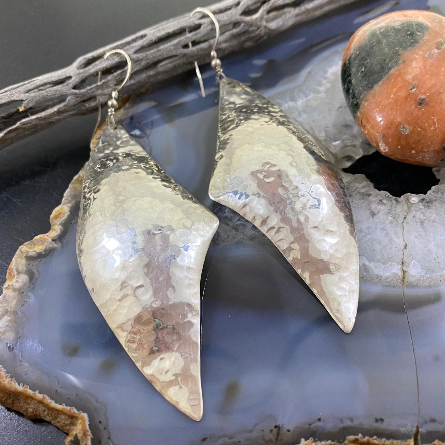 Vintage Native American Sterling Silver Half Moon Hammered Dangle Earrings