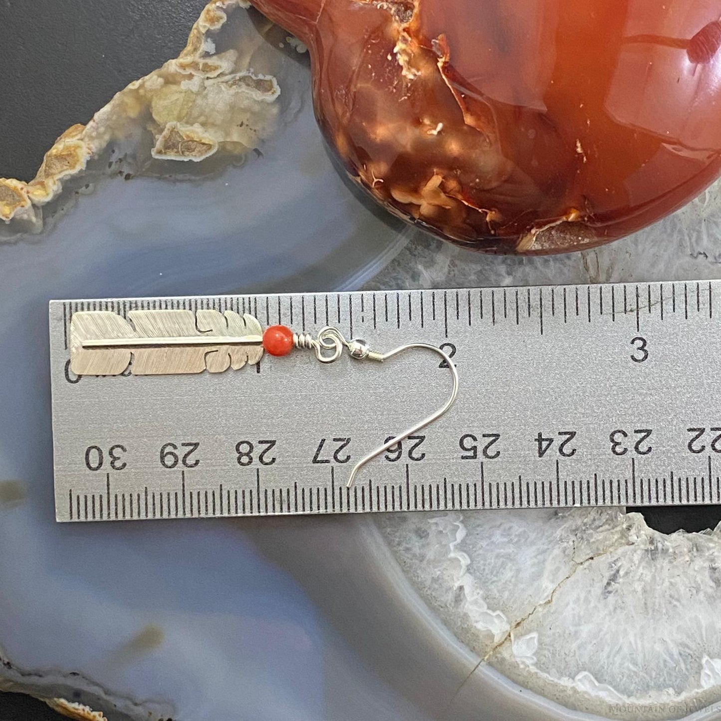 David Kuticka Native American Sterling Silver Feather w/Coral Dangle Earrings #2