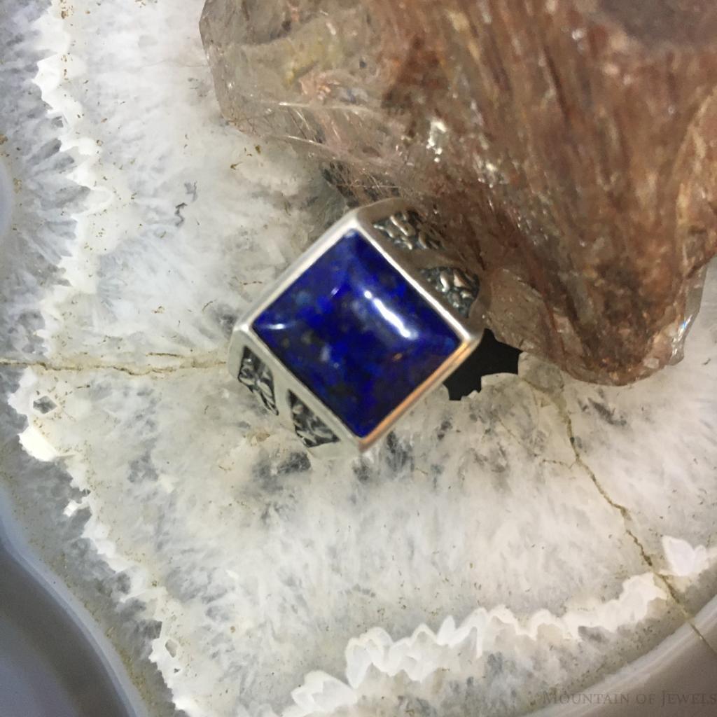 Carolyn Pollack Sterling Silver Square Denim Lapis Decorated Unisex Shield Ring