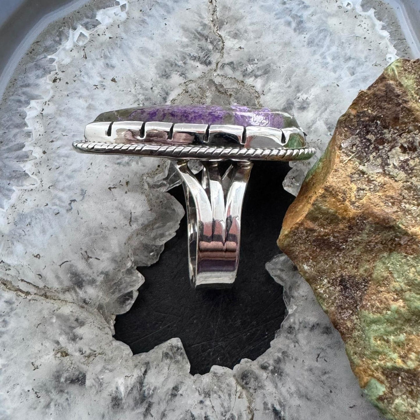 Sterling Southwestern Style Elongated Teardrop Stichtite Ring Size 8.75 For Women