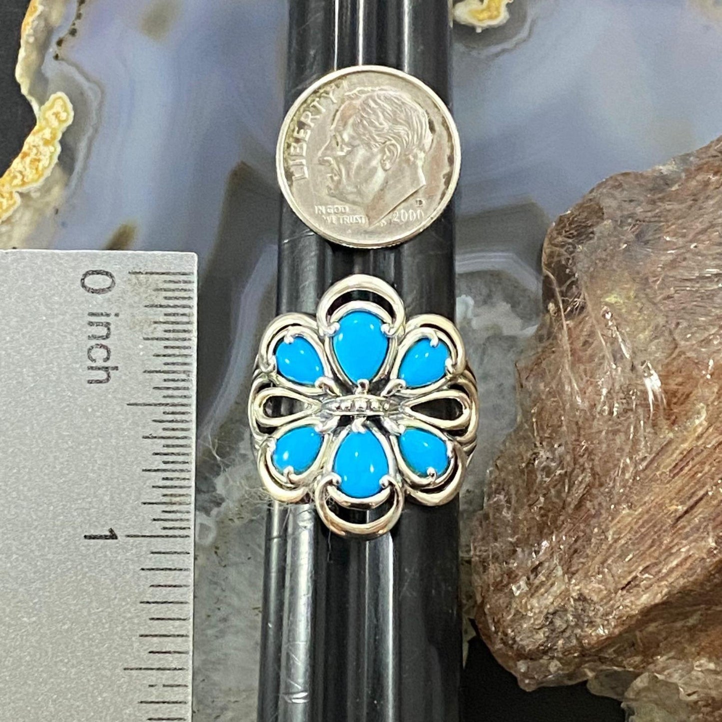 Carolyn Pollack Southwestern Style Sterling Silver Sleeping Beauty Turquoise Cluster Flower Ring For Women
