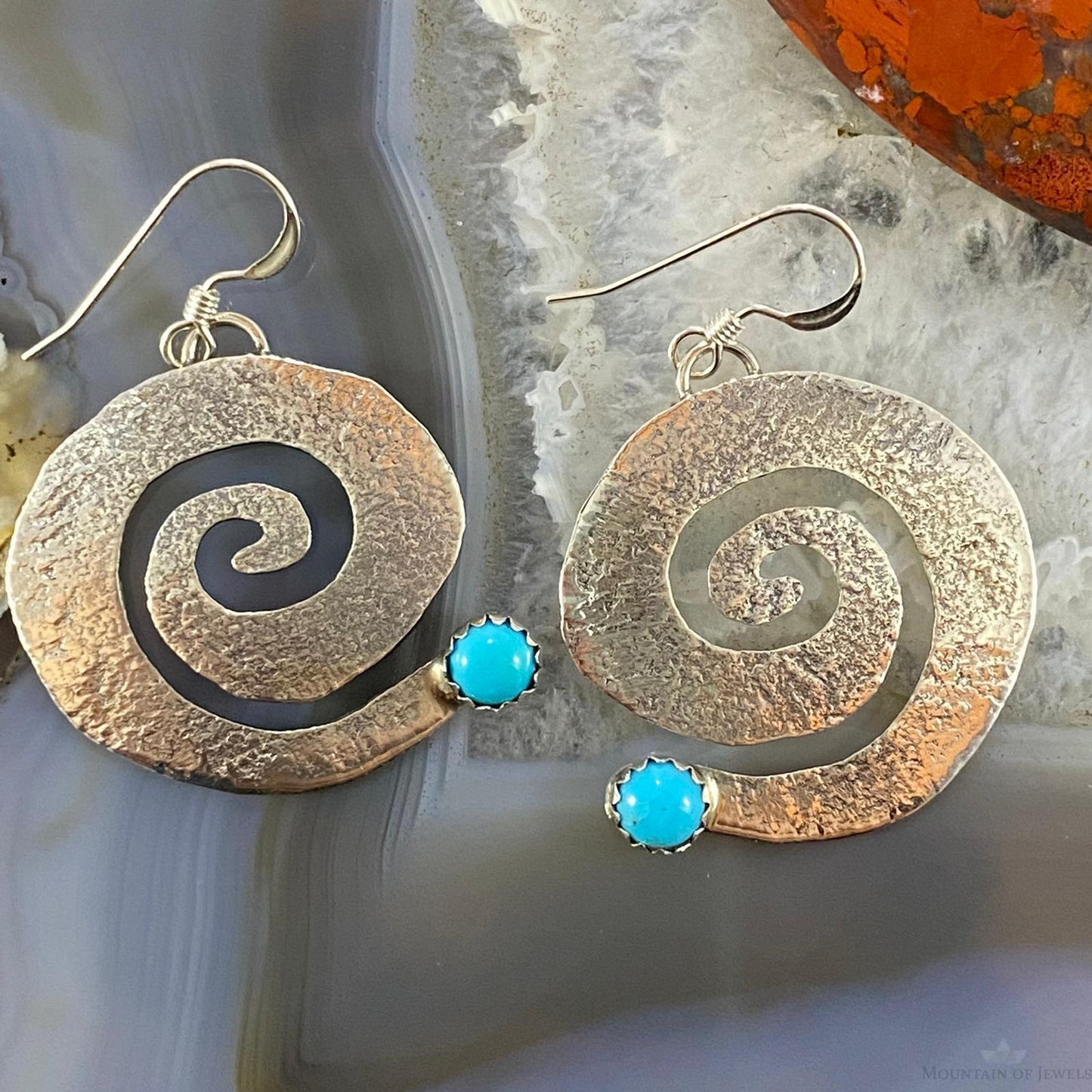 Brad Panteah Native American Sterling Turquoise Hammered Spiral Dangle Earrings