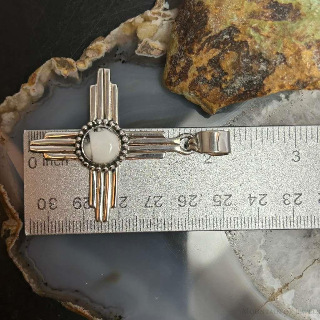 Sterling Silver Southwestern Style Round White Buffalo Unisex Zia Pendant #2