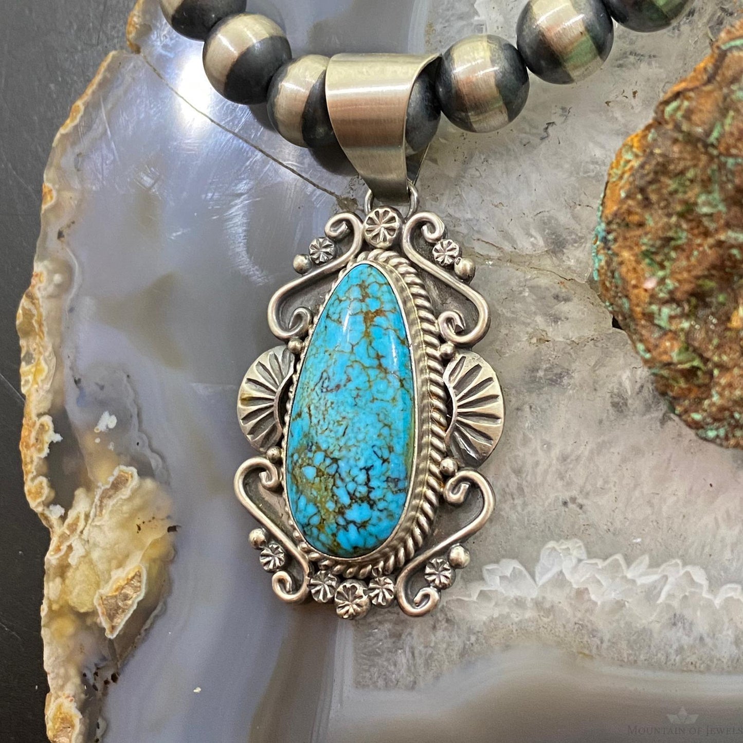 Mary Ann Spencer Sterling Silver Elongated Kingman Turquoise Decorated Pendant