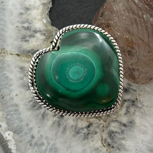 Sterling Silver Southwestern Style Malachite Heart Shape Ring Size 9 For Women